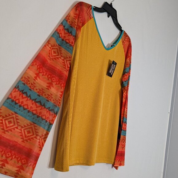 ROWDY CROWD CLOTHING Yellow Gold Long Sleeve Stretchy Rib Knit Aztec Top; Size L - Picture 2 of 5